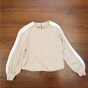 Express Beige and White Long-Sleeve Blouse Size S
